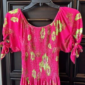 Stretchy Pink Floral Smocked Maxi Dress